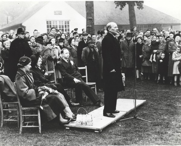Black and white photograph of Clement Attlee giving a speech during the general election of 1945