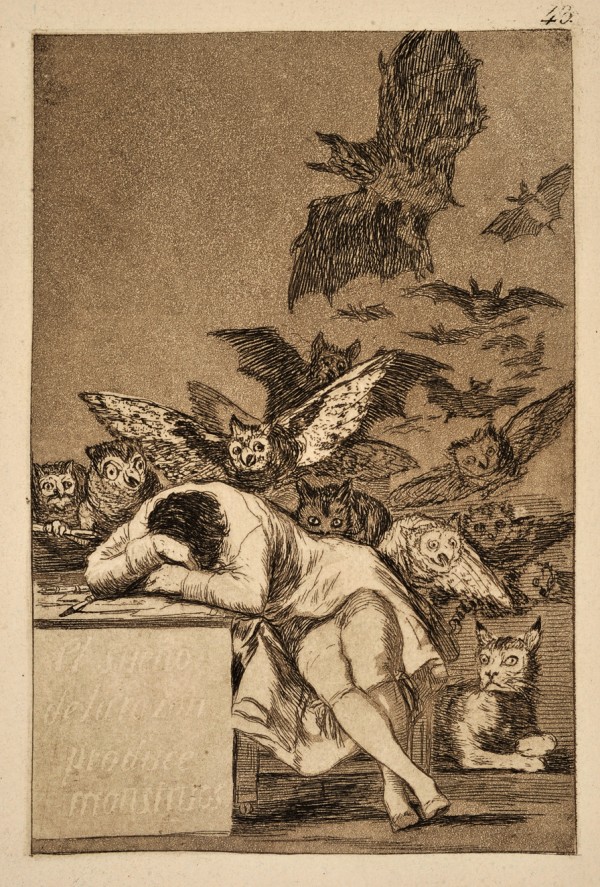 Colour scan of an engraved print of  drawing entitled El Sueno de la Razon Produce Monstruos (the sleep of reason produces monsters) by Francisco Goya.  The drawing depicts a man lying with head and hands on a desk as though in fear, with birds swooping towards him as if to attack