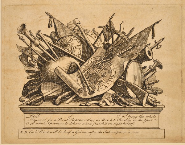 Colour scan of a lottery ticket with an engraving of A March to Finchley by William Hogarth, depicting banners, shields, guns and other objects of war piled on top of a plinth