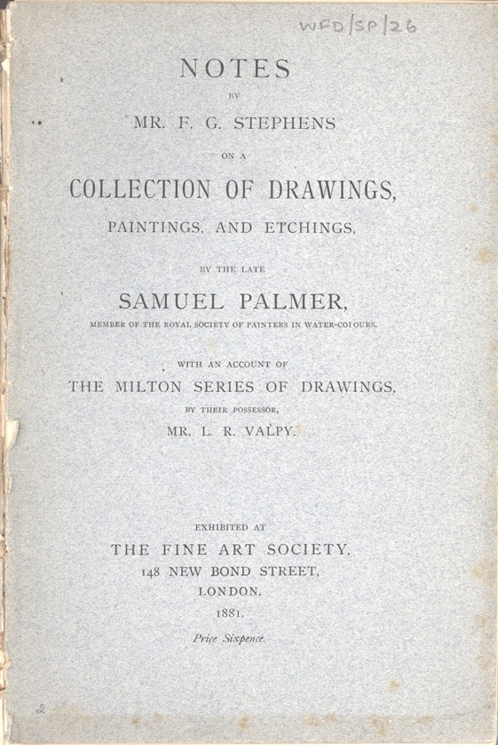 Scan of the front page of a programme from an exhibition of artworks by Samuel Palmer in 1881