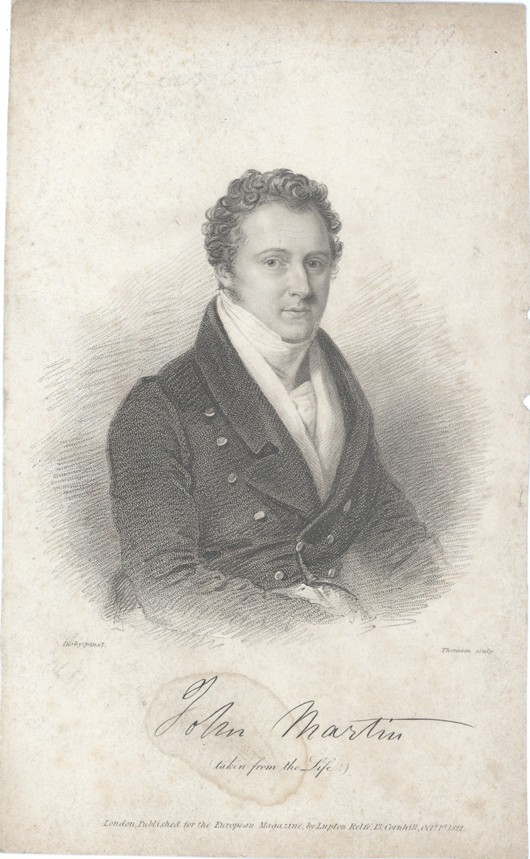 Scan of a print depicting the head, shoulders and chest of John Martin dressed in a high necked shirt and cravat under a black coat.  The print is from the 1820s