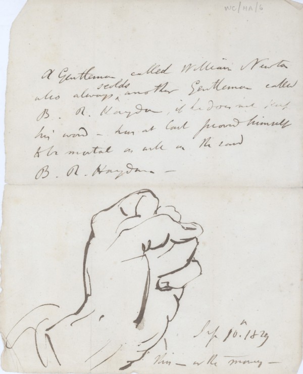 Scan of a handwritten letter, dated 1829,  with the sketch of a left hand clasped into a fist