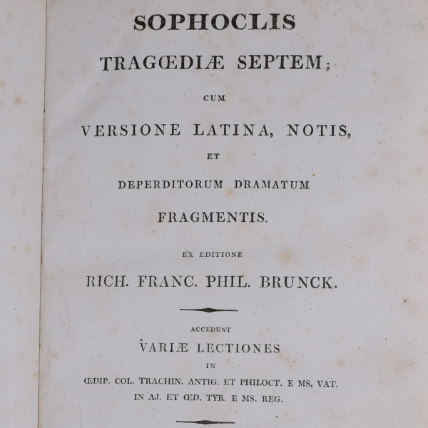 Title page of Sophoclis Tragœdiæ septem : cum versione Latina, notis, et deperditorum dramatum fragmentis
