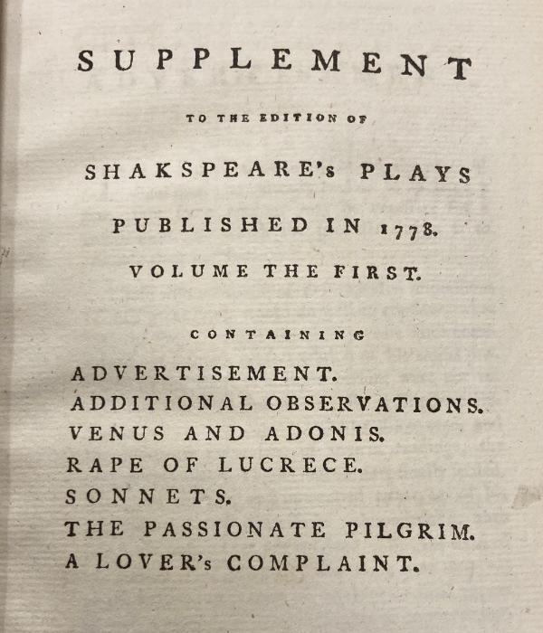 Title page Supplement to the edition of Shakespeare's Plays published in 1778, volume the first