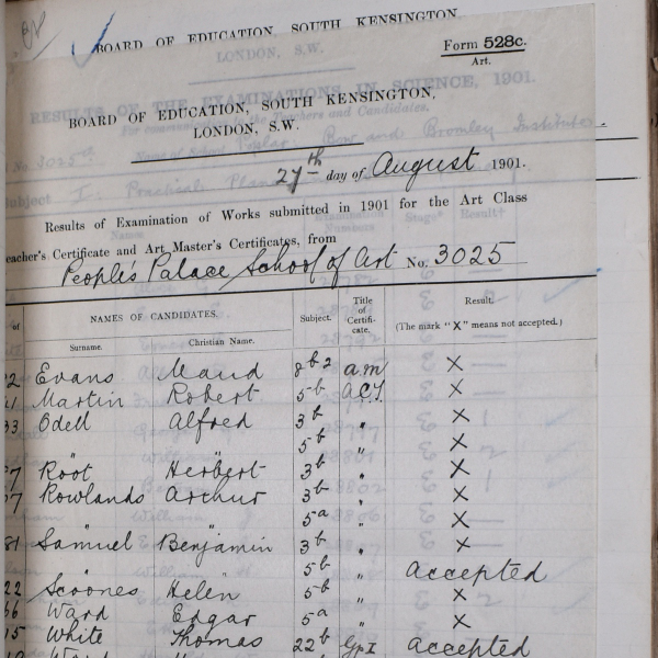 Photograph of page titled: Board of Education, South Kensington, London, W.W. 27 August 1901 Results of Examination of Works submitted in 1901 for Art Class Teachers Certificate from Peoples Palace School of Art