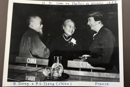 Black and white photograph of B Tseng and P.S Tseng during a UN committee