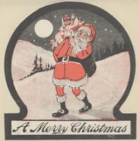 Christmas card with a drawing of Santa in red outfit and the message 