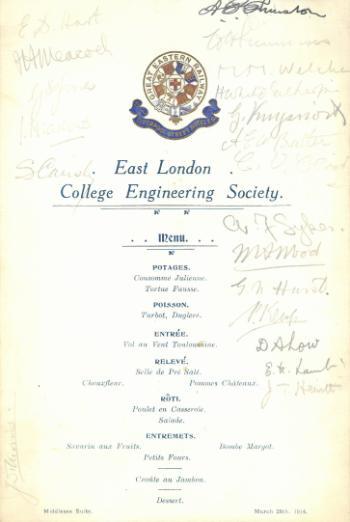 Engineering Society Dinner Menu 1914