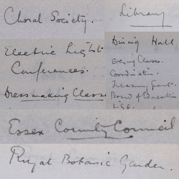 Compiled photographs reading: Choral Society, Library, Electric Light, Dining Hall, Conferences, Evening Classes, Coordination, Treasury Grant, Board of Education, LCC, Dressmaking Classes, Essex County Council, Royal Botanic Gardens