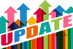 Arrows in a rainbow of colours pointing upwards with the word update stretched diagonally across the image