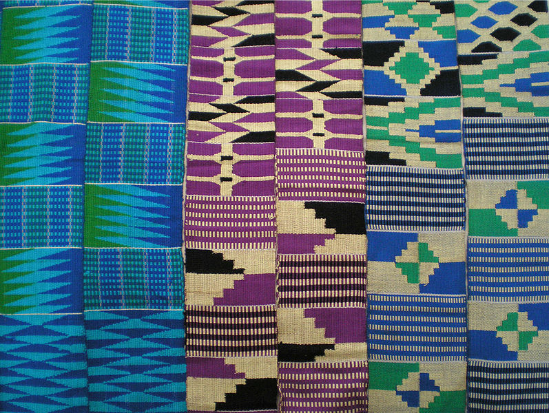 Colour image of stripes of fabric in purple, blue and green 