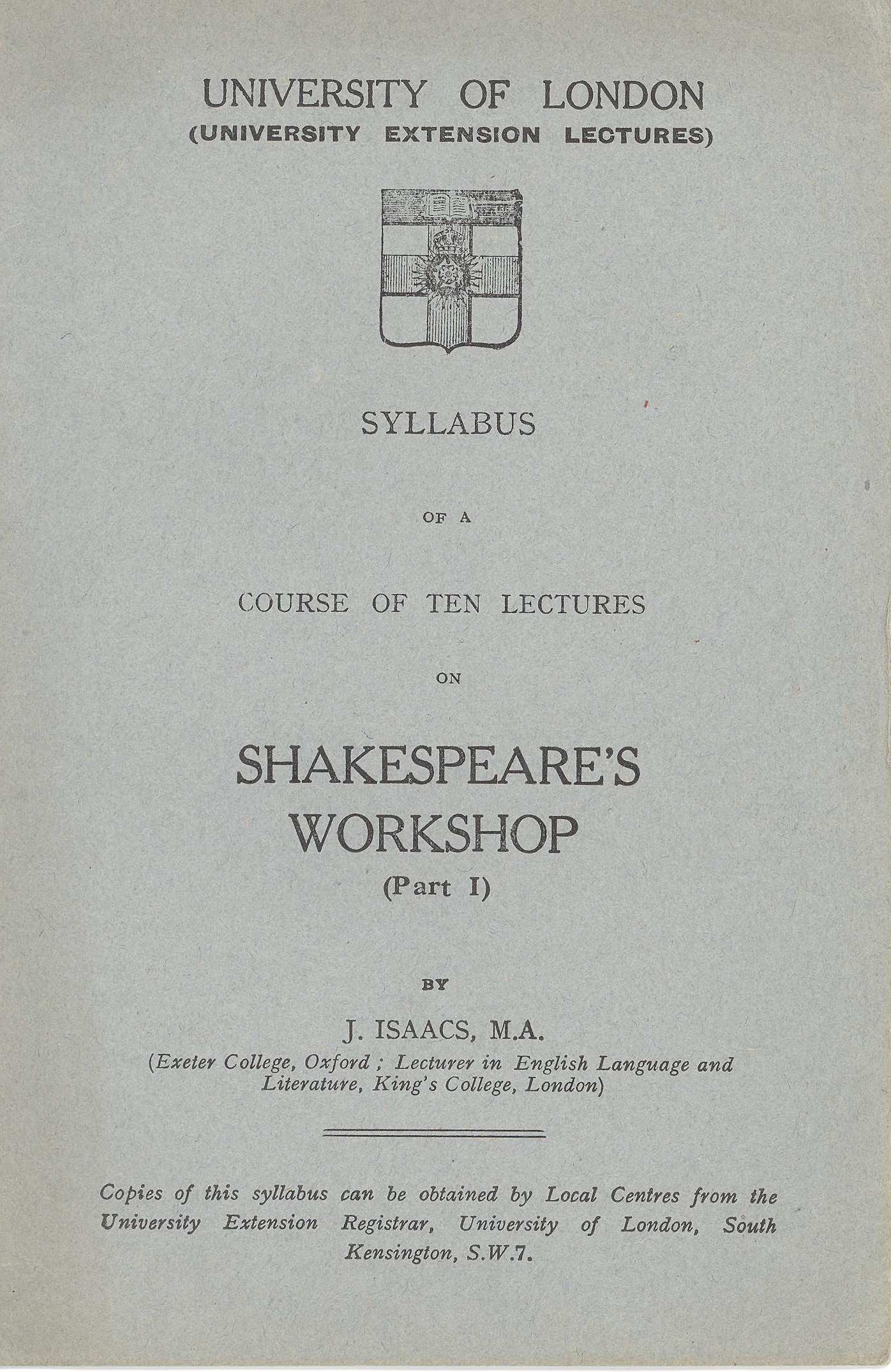UOL extension lectures syllabus book cover - Shakespeare's workshop - Archival image