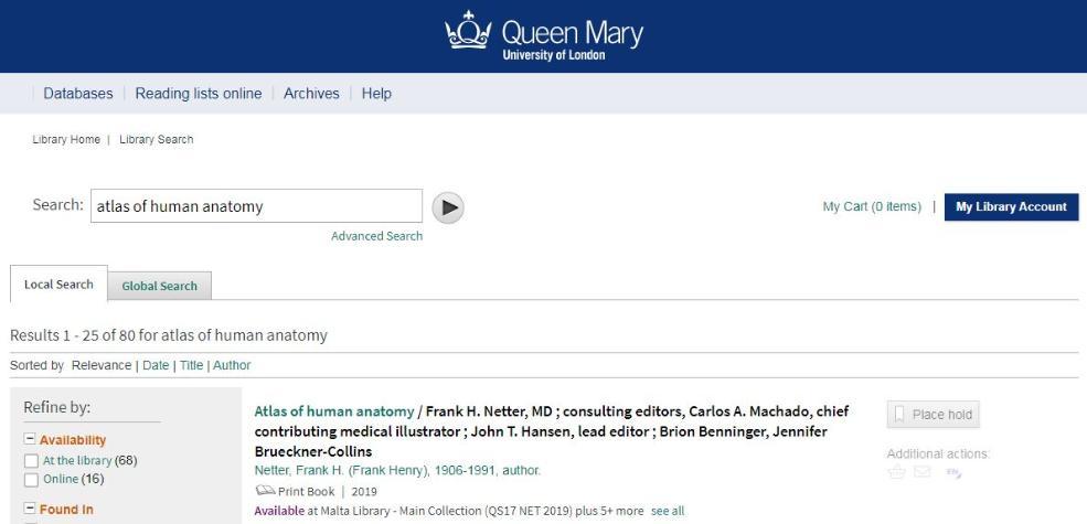 Example of library catalogue search result