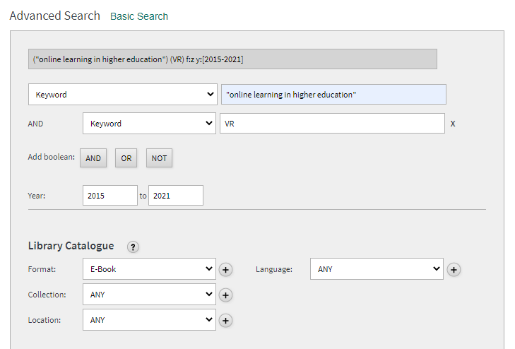 Screenshot of the advanced search function on Library Search.