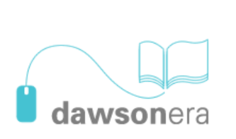 the Dawsonera logo a blue book drawing on white