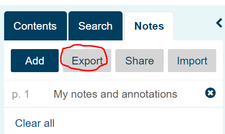 screenshot of a dawsonera page with the export tab circled in red