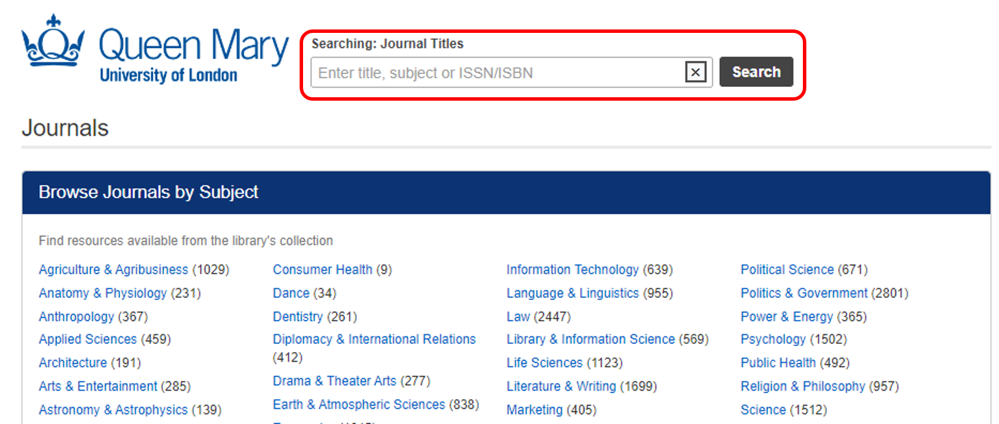 Screenshot showing the search box on the e-journals by subject webpage