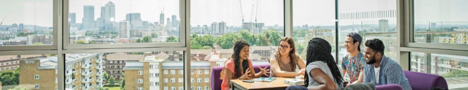 students chatting with view of london skyline