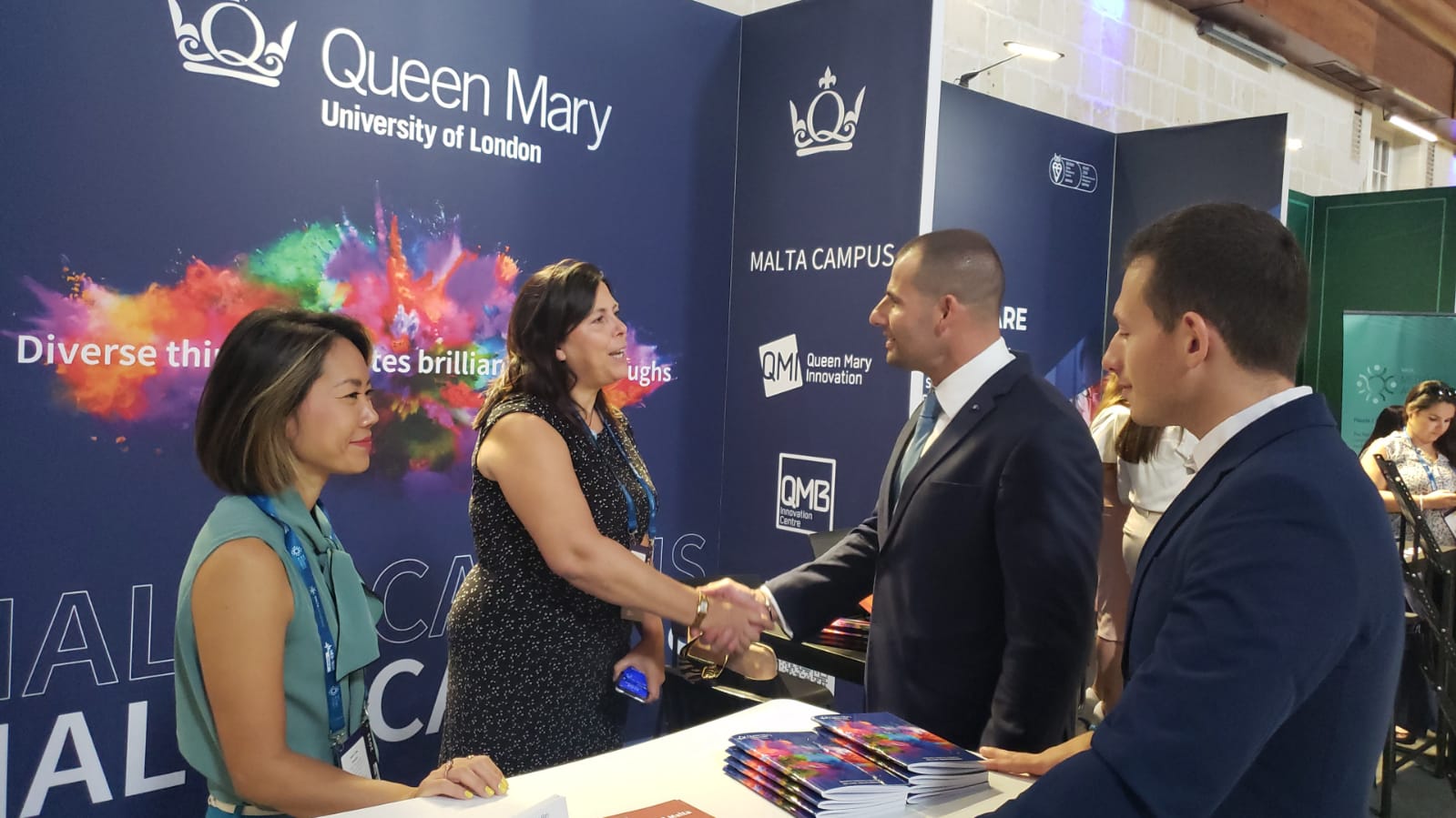 Dr Robert Abela being greeted on the Queen Mary Stand at Med-Tech 2023 with Dr Dylan Attard