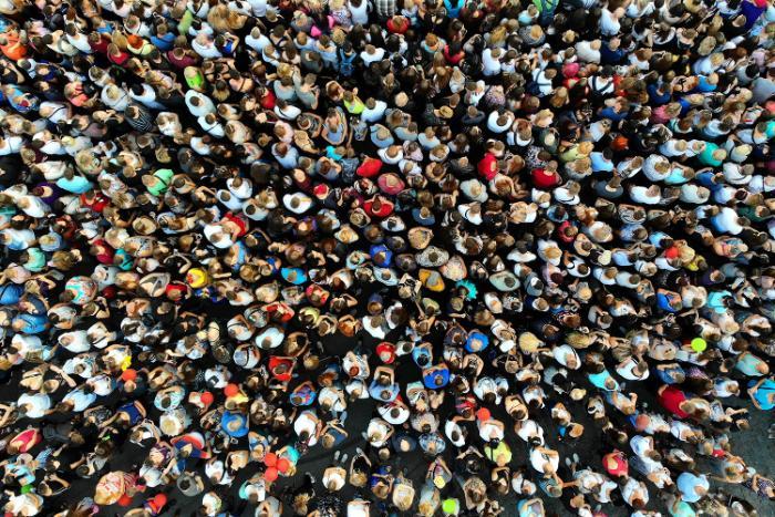 Aerial photograph of a crowd of people