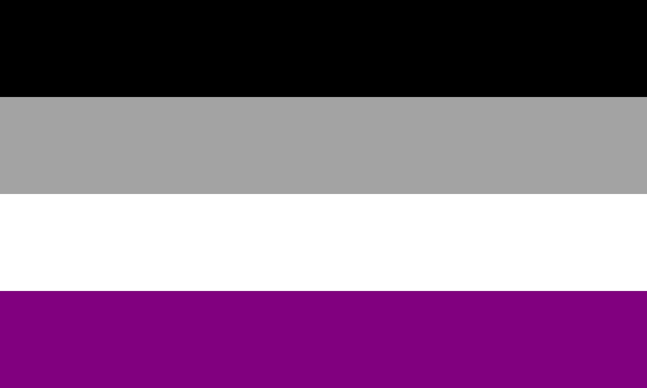 An Asexual Pride Flag comprised of four horizontal stripes; black, grey, white and purple