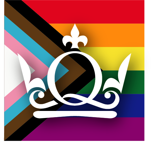 Queen Mary LGBTQA+ Pride logo with a Q crown logo overlaid on the Pride Progress flag in a square format