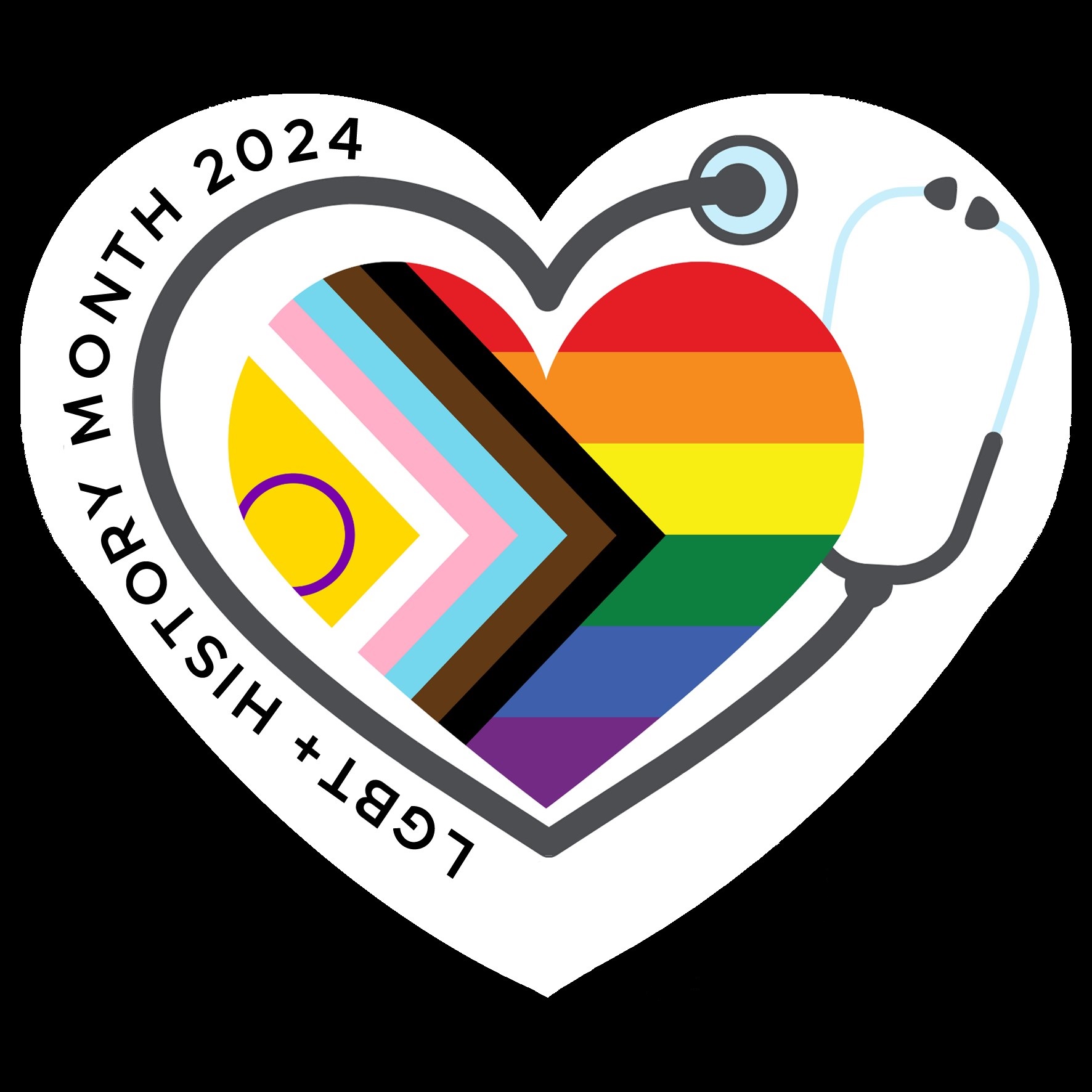 A heart shaped logo with the Intersex Inclusive Progress Pride flag inside, surrounded by a stethoscope