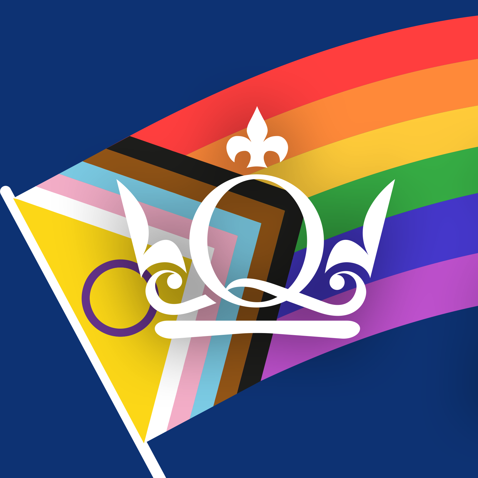 An intersex inclusive Progress Pride flag on a blue background, overlaid with a white Queen Mary crown logo