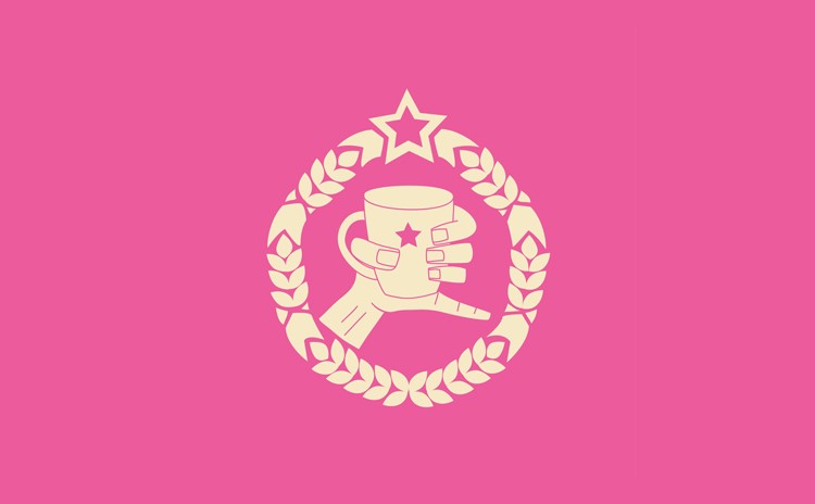 A logo of a pink background with a hand holding a cup with a star on it