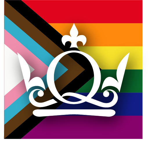 Image of Queen Mary crown logo with rainbow background