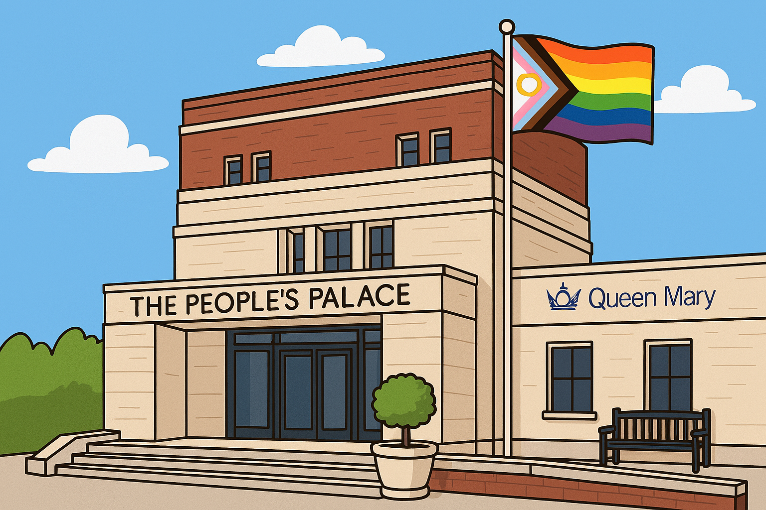 An image of Pride Flag outside Queen Mary The People's Palace Building