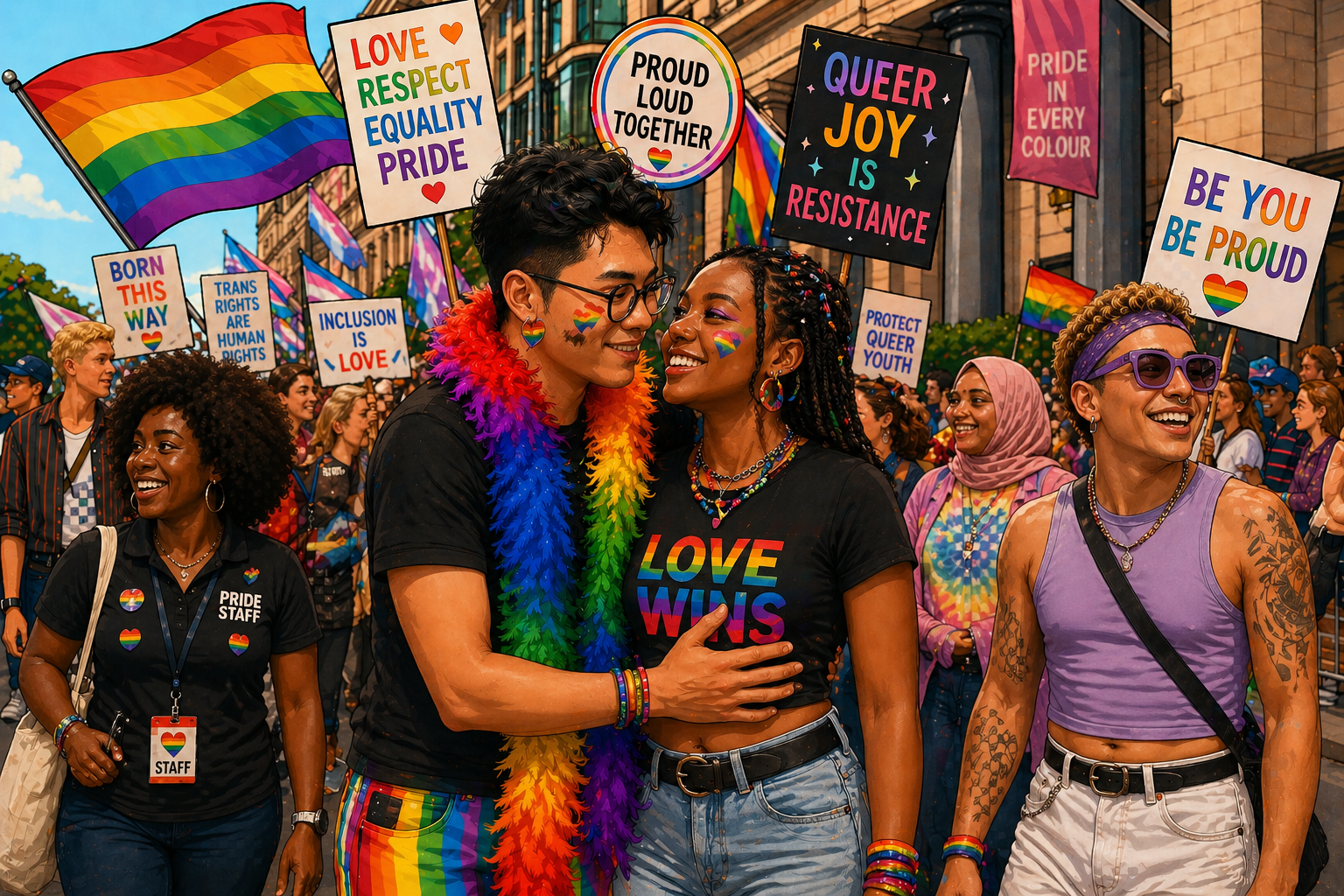 Cartoon of people attending Pride Month