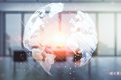 Abstract creative world map interface on a modern conference room background