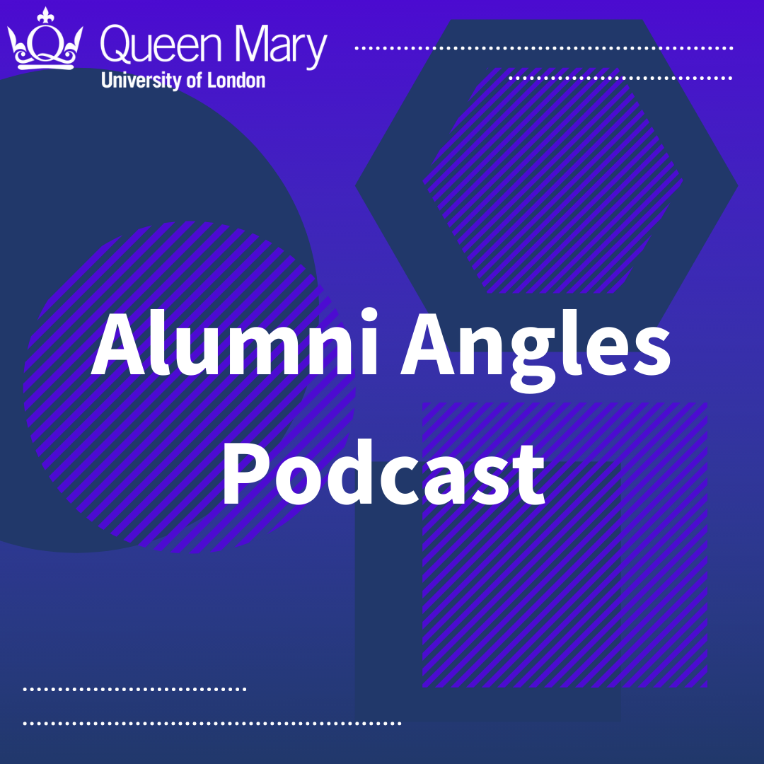 Geometric shapes on a purple background with the words 'Alumni Angles Podcast'.