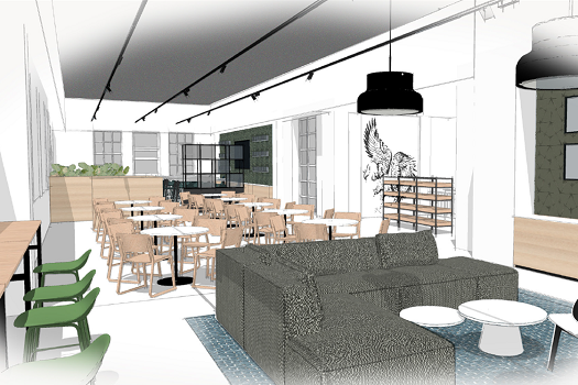 An illustration of the new Garrod Building cafe bar development