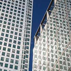 Upwards view of two adjacent skyscrapers