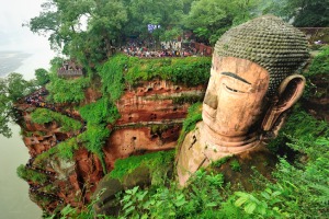 An aerial view of the Leshan giant Buddha in Leshan city, Sichuan province, China