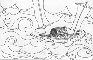 Pen and ink drawing by Linh Vu depicting the boat she escaped in, as a child, with her father from Vietnam
