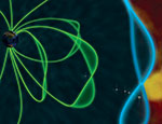 Artist rendition of a plasma jet impact (yellow) generating standing waves at the magnetopause boundary (blue) and in the magnetosphere (green).  The outer group of four THEMIS probes witnessed the flapping of the magnetopause over each satellite in succession, confirming the expected behaviour/frequency of the theorised magnetopause eigenmode wave. (Credit: E. Masongsong/UCLA, M. Archer/QMUL, H. Hietala/UTU)