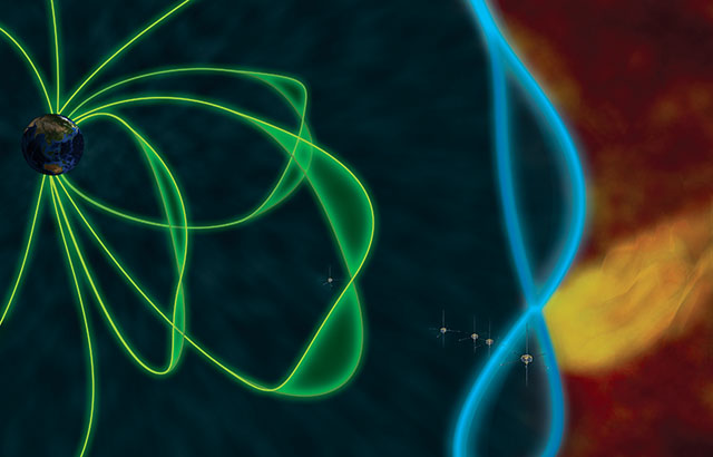 Artist rendition of a plasma jet impact (yellow) generating standing waves at the magnetopause boundary (blue) and in the magnetosphere (green).  The outer group of four THEMIS probes witnessed the flapping of the magnetopause over each satellite in succession, confirming the expected behaviour/frequency of the theorised magnetopause eigenmode wave. (Credit: E. Masongsong/UCLA, M. Archer/QMUL, H. Hietala/UTU)