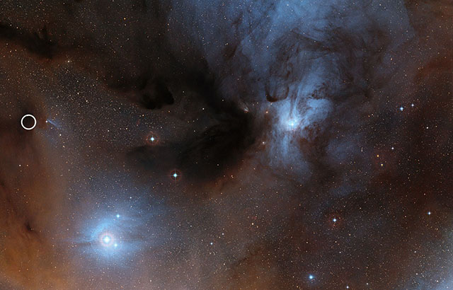 Image of the Rho Ophiuchi star formation region with IRAS16293-2422 B circled. Credit: ESO/Digitized Sky Survey 2. Acknowledgement: Davide De Martin