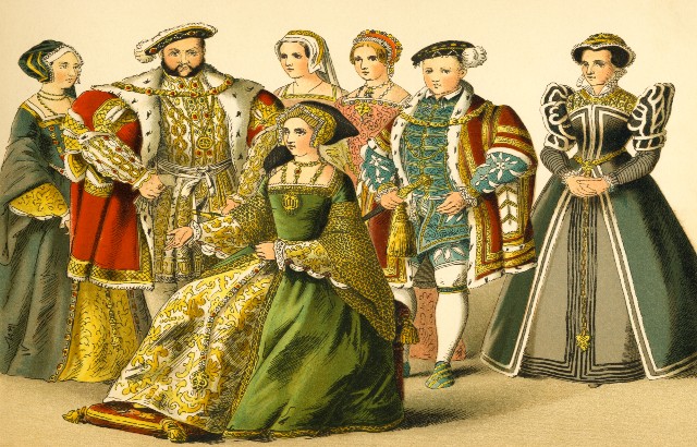 This vintage illustration depicts King Henry VIII standing with his members of his court.