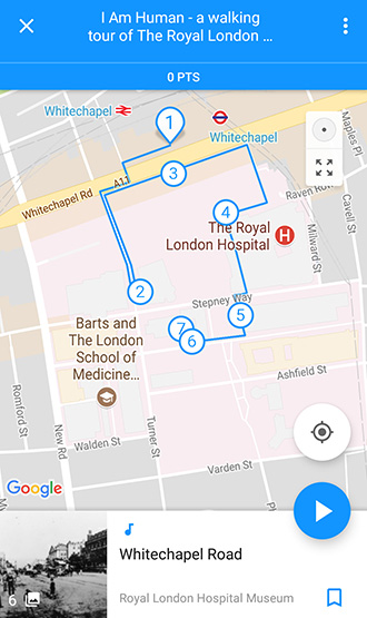 Screenshot of walking tour app