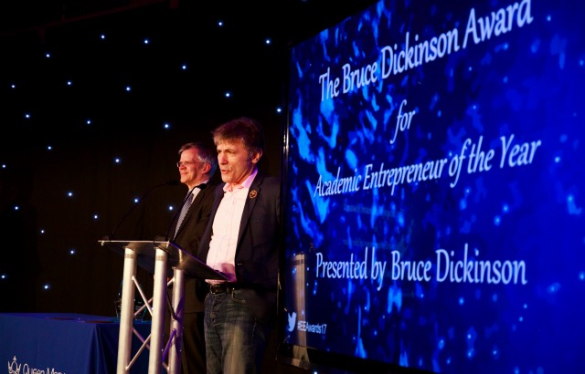 QMUL alumnus Bruce Dickinson presenting the The Bruce Dickinson Award for Academic Entrepreneur of the Year