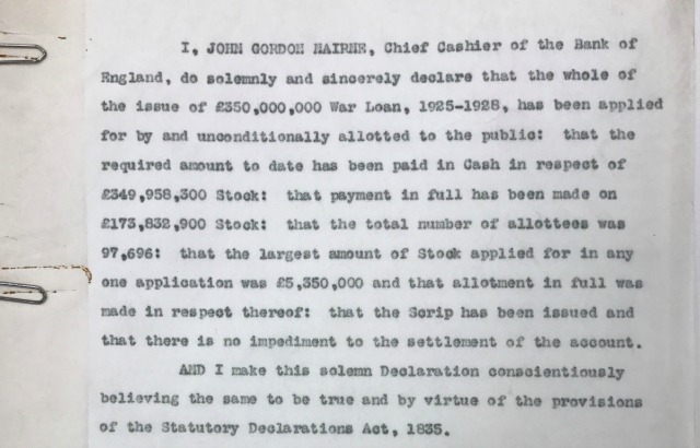 Sworn statement that all £350 million had been sold to the public © National Archives