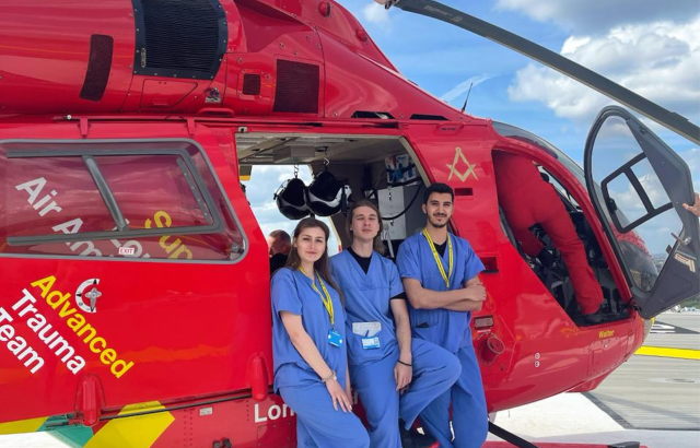 Students from Odessa National Medical University on top of the Royal London Hospital helipad in 2023