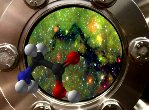 A view port of an experimental setup, showing a region in space with prestellar cores. The molecule that looks as if it is just getting out of the setup is Glycine. Credit: Professor Harold Linnartz.