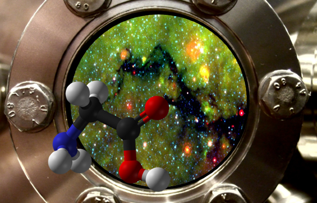A view port of an experimental setup, showing a region in space with prestellar cores. The molecule that looks as if it is just getting out of the setup is Glycine. Credit: Professor Harold Linnartz.