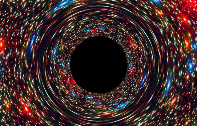 This computer-simulated image shows a supermassive black hole at the core of a galaxy. The black region in the center represents the black hole’s event horizon, where no light can escape the massive object’s gravitational grip. The black hole’s powerful gravity distorts space around it like a funhouse mirror. Light from background stars is stretched and smeared as the stars skim by the black hole. Credits: NASA, ESA, and D. Coe, J. Anderson, and R. van der Marel (STScI)