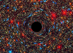 This computer-simulated image shows a supermassive black hole at the core of a galaxy. The black region in the center represents the black hole’s event horizon, where no light can escape the massive object’s gravitational grip. The black hole’s powerful gravity distorts space around it like a funhouse mirror. Light from background stars is stretched and smeared as the stars skim by the black hole. Credits: NASA, ESA, and D. Coe, J. Anderson, and R. van der Marel (STScI)